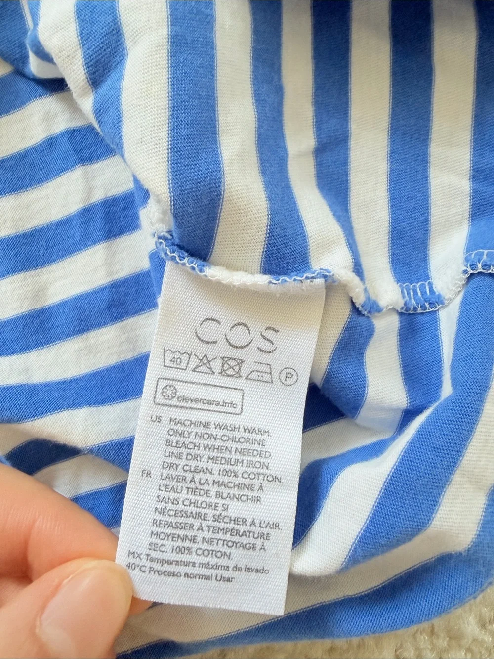COS Blue & White Striped Tee with Coral Neck